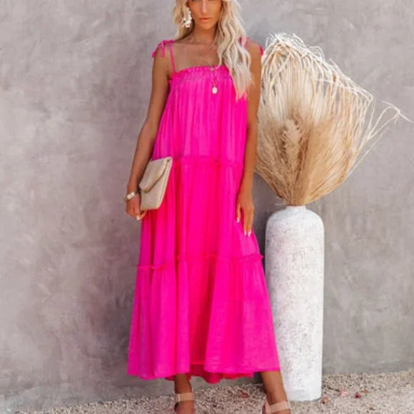 VICI Catch The Sun Tiered Midi Dress - Hot Pink
